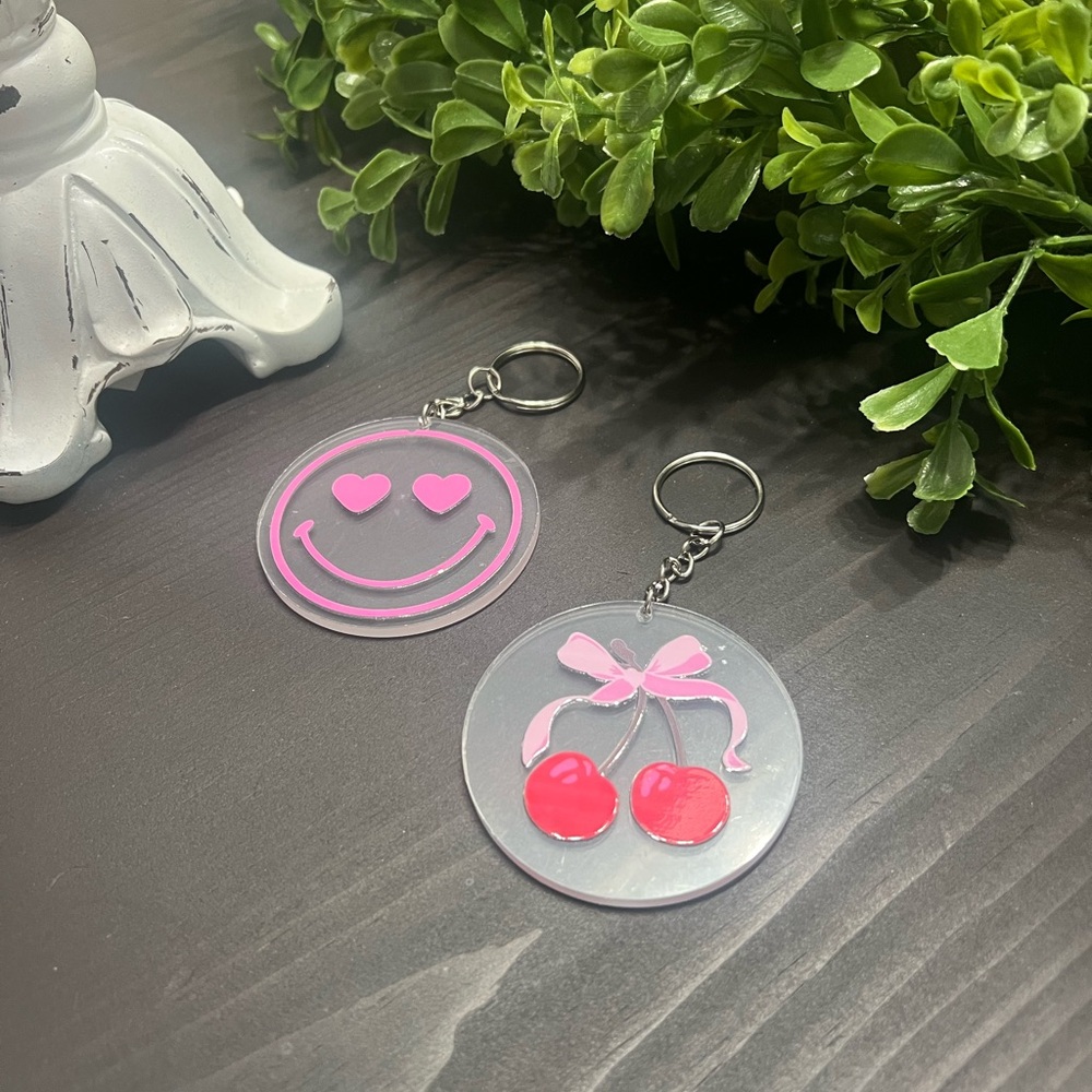 Pink and Red Cherry, Smiley Face Keychain Set
